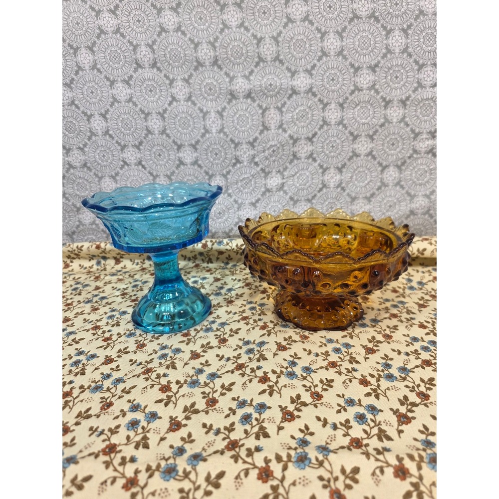 Vintage Pedestal Candy‎ Dishes, Blue & Amber, Scalloped Edge, Set of 2